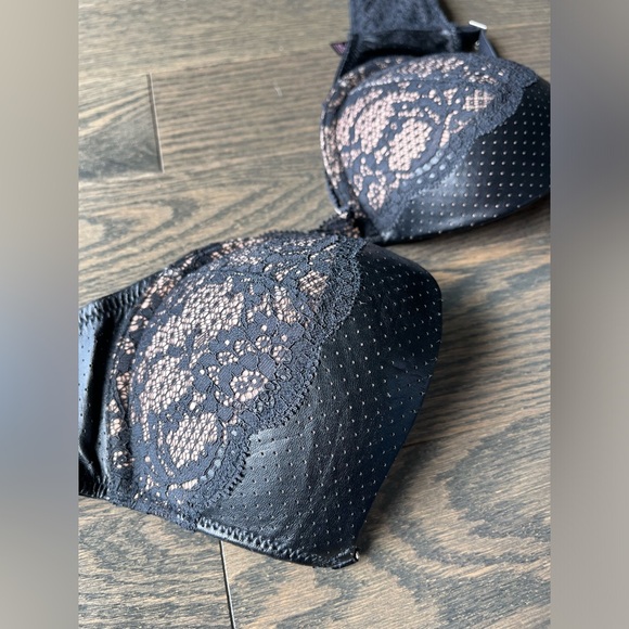 Victoria secret black lace and faux leather pushup bra 34B with boning - Picture 9 of 11